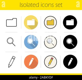 File manager icons set. Flat design, linear, black and color styles. Folder, magnifying glass, pencil. Files storage, search and edit buttons. Isolate Stock Vector