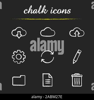 Cloud computing chalk icons set. Online data storage. Upload and download arrows, settings, refresh, edit, new folder and document, delete digital sym Stock Vector