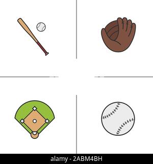 Baseball color icons set. Bat and ball, mitt, field. Softball equipment. Isolated vector illustrations Stock Vector