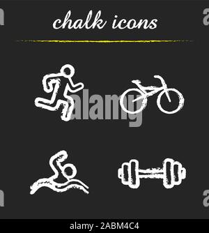 Sport chalk icons set. Dumbbell, bike, swimming and running man illustrations. Athletes and sport equipment. Isolated vector chalkboard drawings Stock Vector