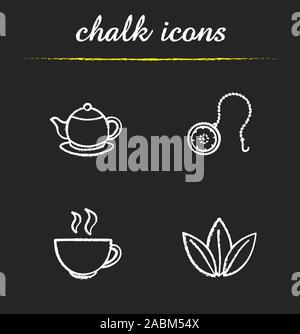 Tea chalk icons set. Teapot, ball infuser, steaming cup, loose tea leaves illustrations. Isolated vector chalkboard drawings Stock Vector