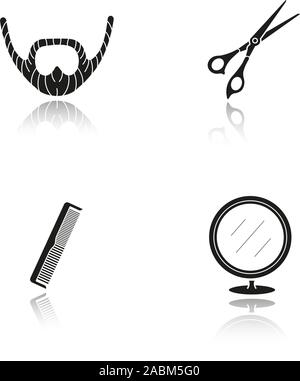 Barbershop drop shadow black icons set. Beard, scissors, comb, round mirror. Isolated vector illustrations Stock Vector
