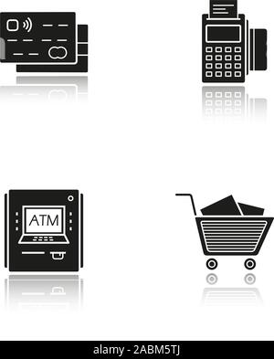Supermarket shopping drop shadow black icons set. Grocery store. Credit cards, pos terminal, bank atm machine, shopping cart with boxes. Isolated vect Stock Vector