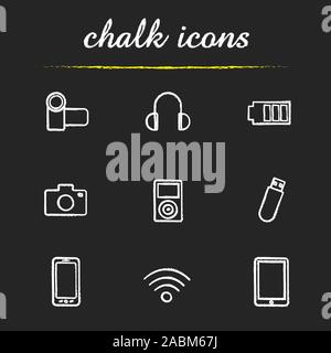 Gadgets chalk icons set. Video and photo camera, headphones, battery charge, mp3 player, usb flash drive, smartphone, wifi, tablet computer. Isolated Stock Vector