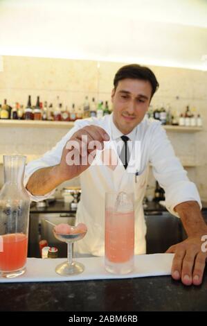 Bartender Daniele Cataldo mixes his alcohol-free summer cocktail 'Bellezza' in Schumann's Tagesbar at Maffeistraße 6. [automated translation] Stock Photo
