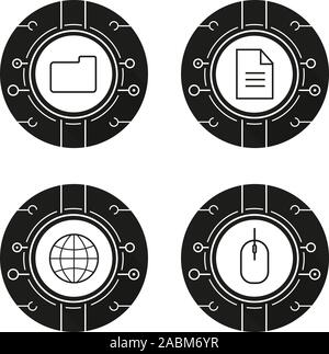 Cyber technology icons set. Cloud computing. Worldwide network, digital storage, web document, network access. Vector white silhouettes illustrations Stock Vector