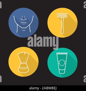 Shaving flat linear long shadow icons set. Man's face, shaving razor, brush and aftershave cream tube. Vector line symbols Stock Vector