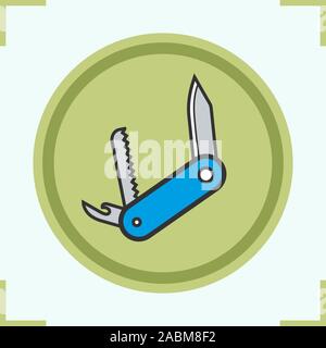 Penknife color icons set. Multifunctional red pocket knife. Isolated vector illustration Stock Vector