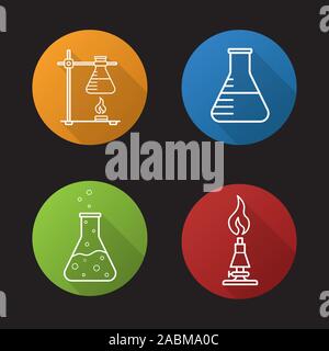 School chemical laboratory. Flat linear long shadow icons set. Chemical reaction, lab burner, ring stand, flask with liquid. Vector line symbols Stock Vector