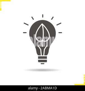 Eco energy concept icon. Drop shadow silhouette symbol. Lightbulb with plant leaf. Negative space. Vector isolated illustration Stock Vector
