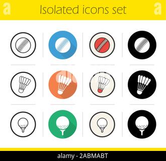 Sport balls icons set. Flat design, linear, black and color styles. Cricket and golf ball on tee, shuttlecock. Isolated vector illustrations Stock Vector