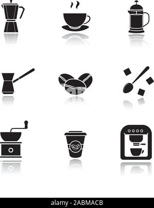 Coffee drop shadow black icons set. Espresso machine, classic coffee maker, steaming mug on plate, french press, turkish cezve, spoon with sugar cubes Stock Vector