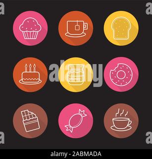 Confectionery flat linear long shadow icons set. Pastry. Sweet food. Muffin with raisins, steaming teacup, toast, birthday cake, honey pot, donut, cho Stock Vector