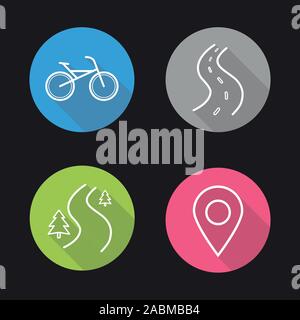 Bike riding flat linear long shadow icons set. Map pinpoint, forest road, highway and city bicycle. Vector line symbols Stock Vector