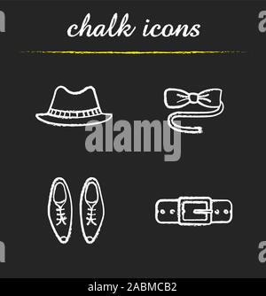 Men's accessories chalk icons set. Homburg hat, butterfly tie, classic shoes, leather belt. Isolated vector chalkboard illustrations Stock Vector