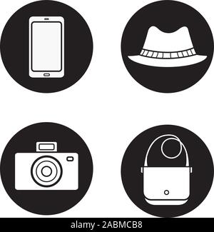 Men's accessories icons set. Smartphone, photo camera, homurg hat and leather handbag. Tourist equipment. Vector white illustrations in black circles Stock Vector