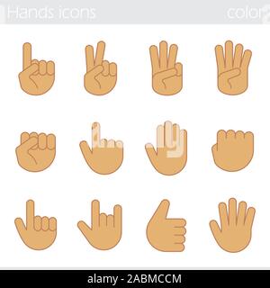 Hand gesture color icons set. Point out, cool, approve, hello, heavy metal, thumbs up, fist, direction point symbols. One, two, three, four, five fing Stock Vector