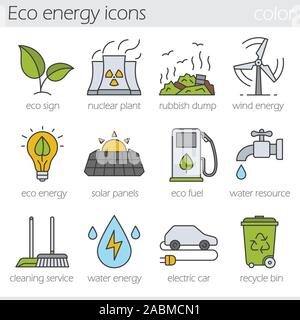 Eco energy color icons set. Electric car, nuclear plant, rubbish dump, wind power, solar panels, green energy, water resource, bio fuel, cleaning serv Stock Vector