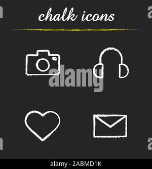 Social media chalk icons set. Photo camera, heart, letter and headphones illustrations. Isolated vector chalkboard drawings Stock Vector