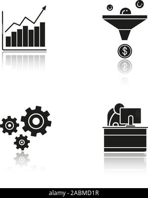 Business drop shadow black icons set. Sales funnel, growth chart, cogwheels and office worker. Isolated vector illustrations Stock Vector