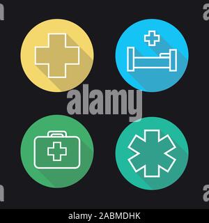 Hospital flat linear long shadow icons set. Medical cross, hospital bed, first aid kit, star of life. Vector line symbols Stock Vector
