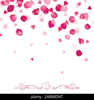 confetti from falling rose petals and hearts on a white background Stock Vector