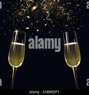 banner with two glasses of champagne on a background of golden confetti Stock Vector