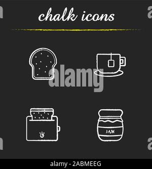Breakfast items chalk icons set. Toaster, covered honey pot, teacup on plate, toasted bread illustrations. Isolated vector chalkboard drawings Stock Vector