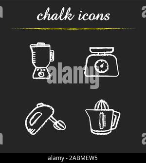 Kitchen appliances chalk icons set. Blender, hand mixer, juicer, kitchen food scales illustrations. Isolated vector chalkboard drawings Stock Vector