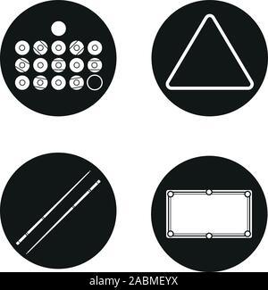 Billiard icons set. Balls, triangle, cues and table. Pool equipment. Snooker accessories. Vector white silhouettes illustrations in black circles Stock Vector