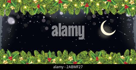 Christmas banner with Christmas tree garland on a background of a winter night Stock Vector