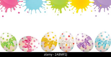 congratulatory Easter banner with painted Easter eggs and splashes of paint on a white background Stock Vector