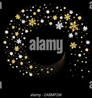 decorative gold and silver snowflakes in a stream on a black background Stock Vector