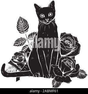 cartoon fluffy cat with roses. Siamese cat with open eyes and flowers. Coloring book for adults and children. Stock Vector