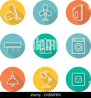 Household appliances flat linear long shadow icons set. Vacuum cleaner, iron, air conditioner, house, washing machine, ceiling and table lamps, power Stock Vector