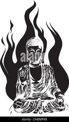 Vector religious icon of buddha statue. Golden Buddha sits and prays in the lotus position. Stock Vector