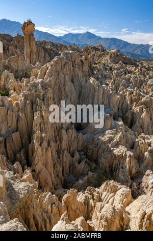 Valle de la Luna (Moon Valley) - near La Paz, in Pedro Domingo Murillo Province, Bolivia, South America. Erosion has worn away the majority of a mount Stock Photo