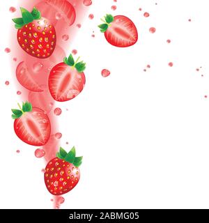 background of juicy strawberries and splashing juice on a white background Stock Vector
