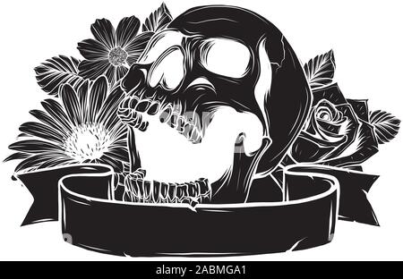 Skull. Hipster skull silhouette with mustache and arose in teeth with ribbon and bouquet of roses on a background. Stock Vector