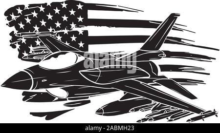 Military plane fired a missile. Fighter jet vector illustration. Stock Vector