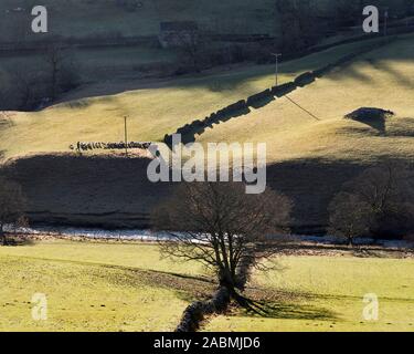On a bright Autumn day a farmer feed his sheep while his dog sits on his quad bike, Yockenthwaite, Wharfedale, Yorkshire Dales National Park, UK Stock Photo