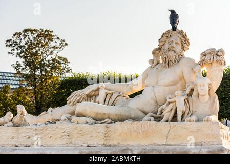 A black raven standing on the white statue in the Tuileries gardens  in Paris, France Stock Photo