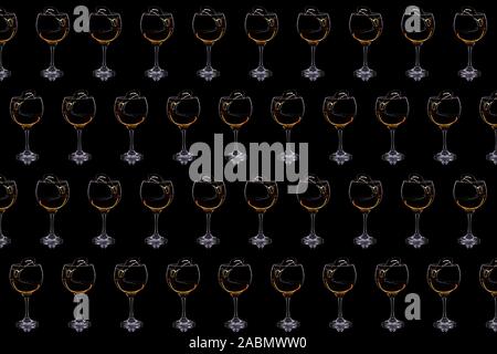 Pattern with glass of whiskey on a dark background. Dark mode. Food photo for banner. Zero gravity. Concept sales, discount price. Stock Photo