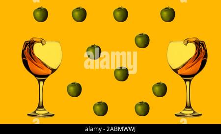 Bright glass silhouette with apple juice and green apple on a yellow background. Food photo for banner. Zero gravity. Concept sales, discount price. Stock Photo