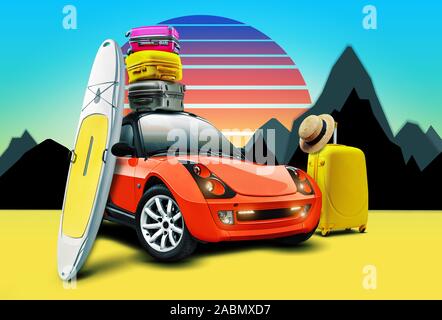 Orange car with surfboard, multicolored suitcases on roof and one standing nearby with hat, against sun and mountains on blue background. Realistic sh Stock Photo