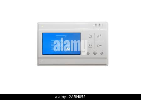 video intercom on a white wall near the entrance door to the apartment, isolated Stock Photo