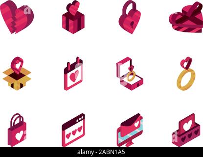happy valentines day romantic isometric icons collection vector illustration Stock Vector