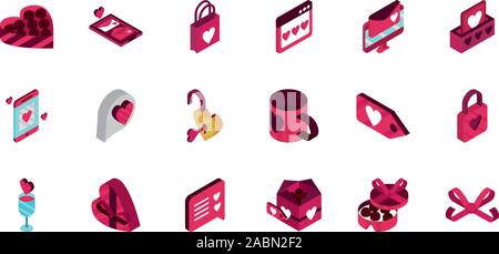 happy valentines day romantic isometric icons collection vector illustration Stock Vector