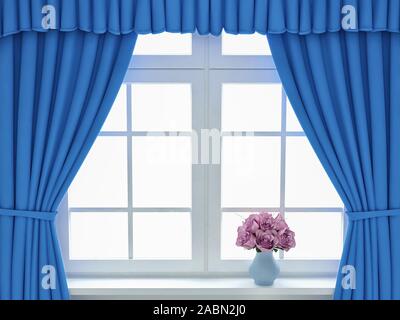 Window with blue curtains and roses. 3d render Stock Photo