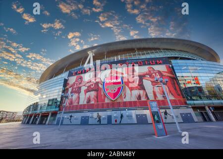 LONDON/ENGLAND - 01 February, 2018 :  Visiting In front of the Emirates Stadium in London, UK showing the Arsenal armoury or Arsenal shop and ticket s Stock Photo